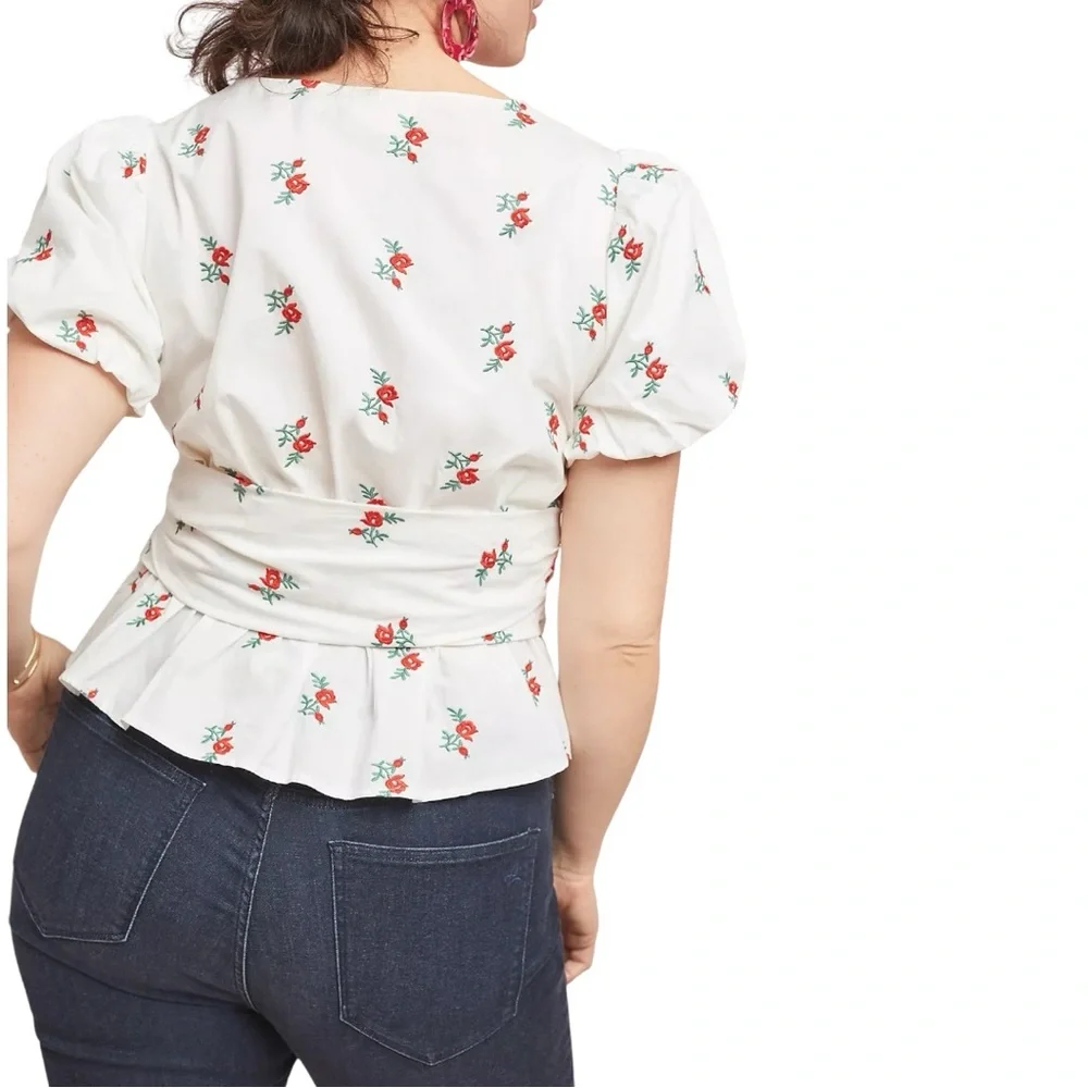 Anthropologie White Floral Tie-Waist Blouse with Red Roses